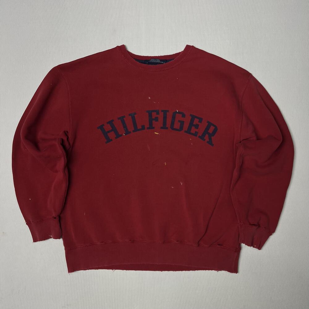 Tommy Hilfiger Sweatshirt Mens Large Red Fleece Hilfiger Logo Distressed